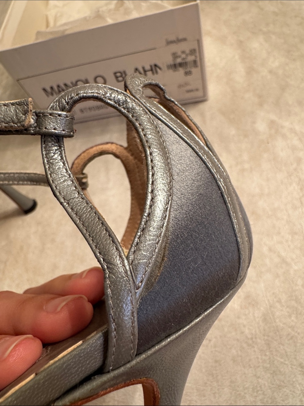 Manolo Blahnik Silver-Gray Satin Pointed Toe Ankle-Strap Heels - Picture 6 of 9
